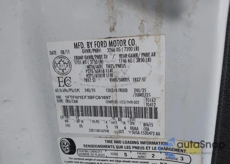 2011 Ford F-150 Xlt z USA, uszkodzony, nr VIN 1FTFW1EF3BFC61697